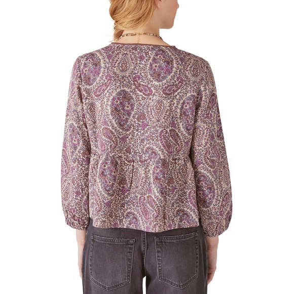 Lucky Brand Printed Lace Inset Babydoll Top - Mauve Multi - Picture 2 of 3